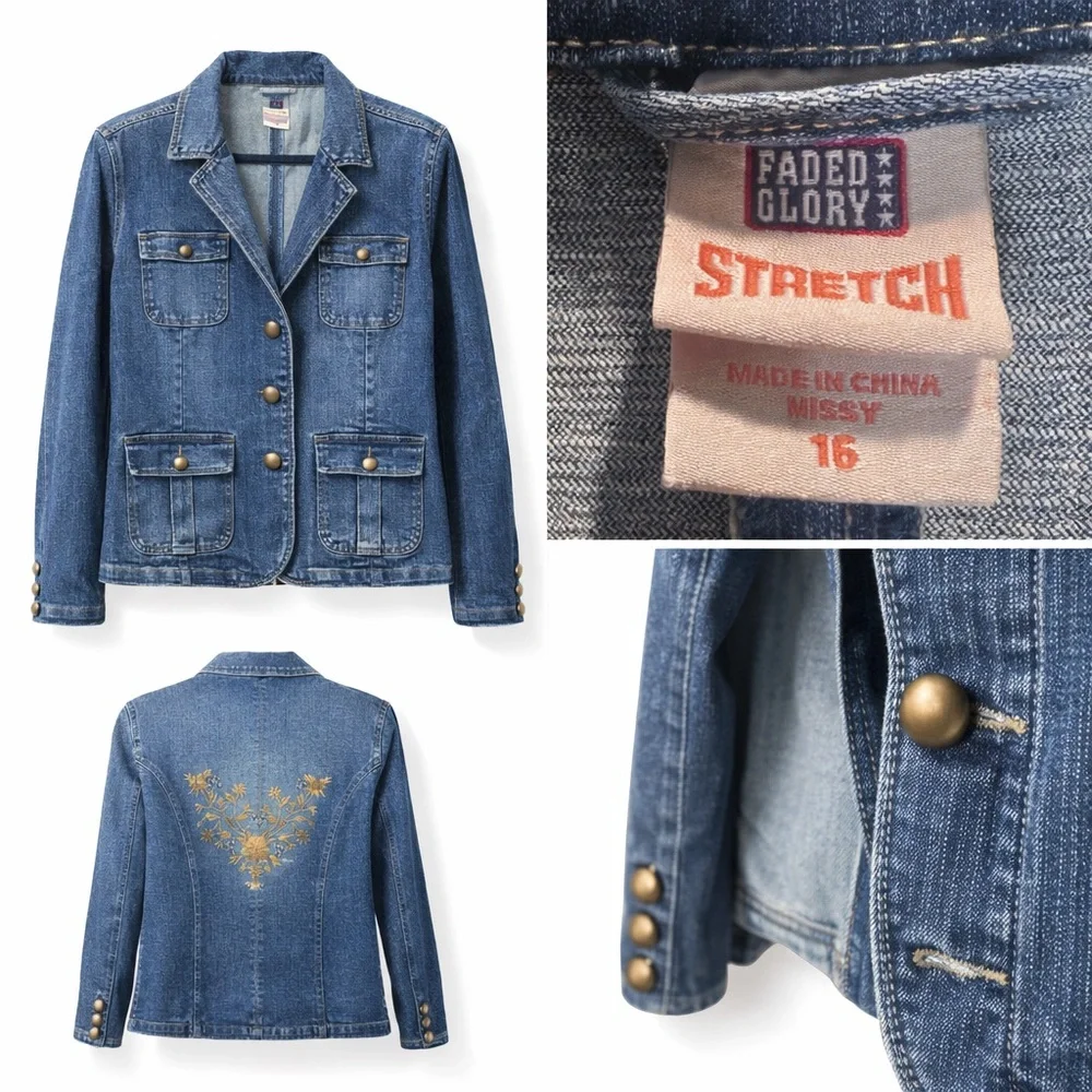 Vintage Embroidered Floral Blue Denim Jacket with Gold Accents - Picture 3 of 3